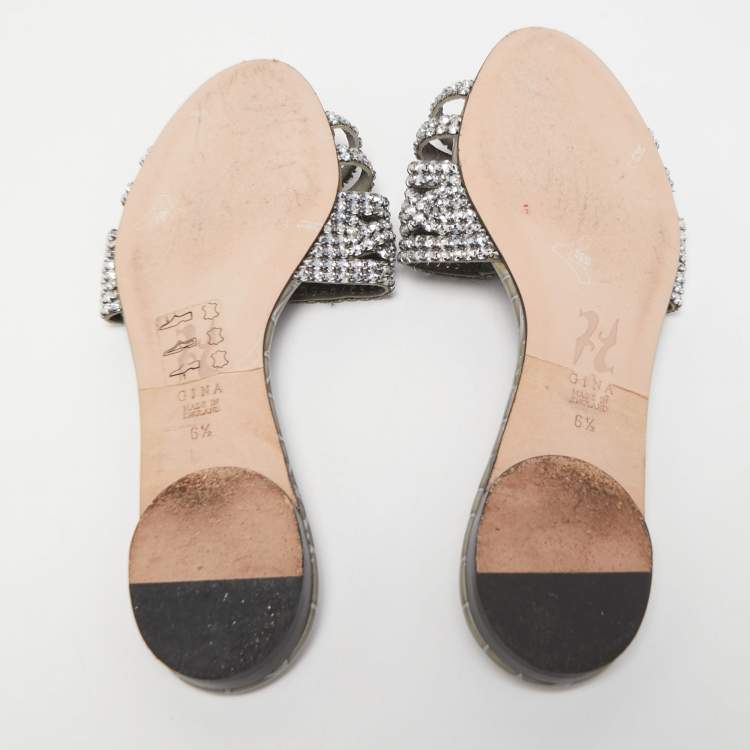 Pre Owned Gina Grey Crystal Embellished Leather Flat Slides Size 39.5