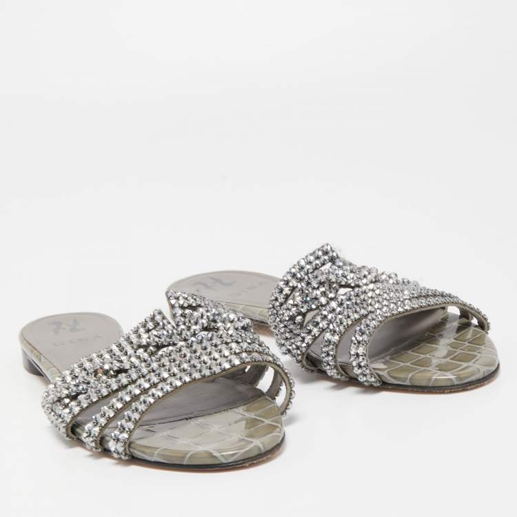Pre Owned Gina Grey Crystal Embellished Leather Flat Slides Size 39.5