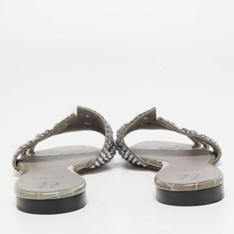 Pre Owned Gina Grey Crystal Embellished Leather Flat Slides Size 39.5
