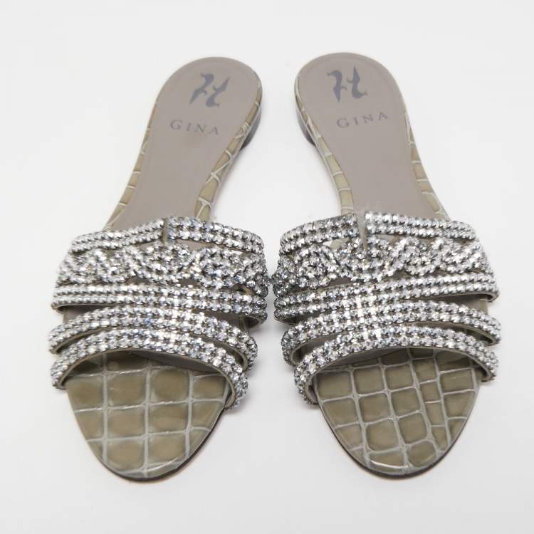 Pre Owned Gina Grey Crystal Embellished Leather Flat Slides Size 39.5