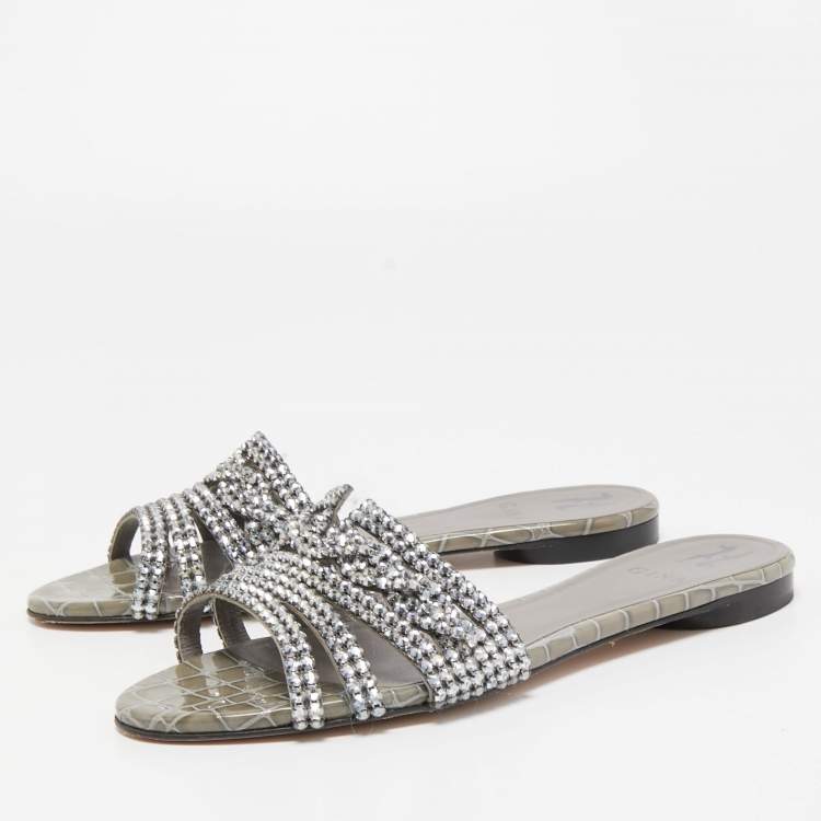 Pre Owned Gina Grey Crystal Embellished Leather Flat Slides Size 39.5