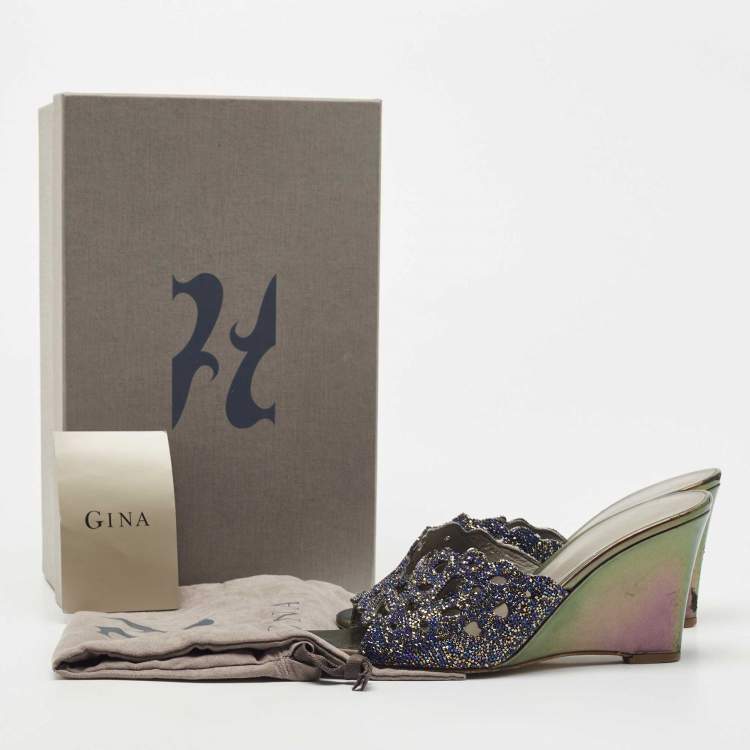 مملوكة مسبقًا Gina Blue Crystal Cut Out Wedge Slide Sandals Size 38