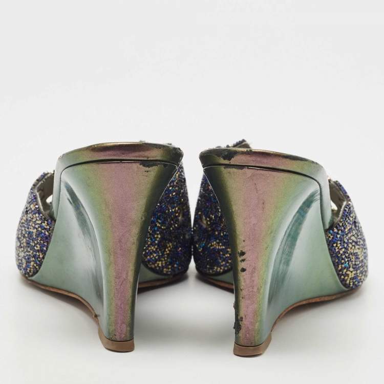 مملوكة مسبقًا Gina Blue Crystal Cut Out Wedge Slide Sandals Size 38