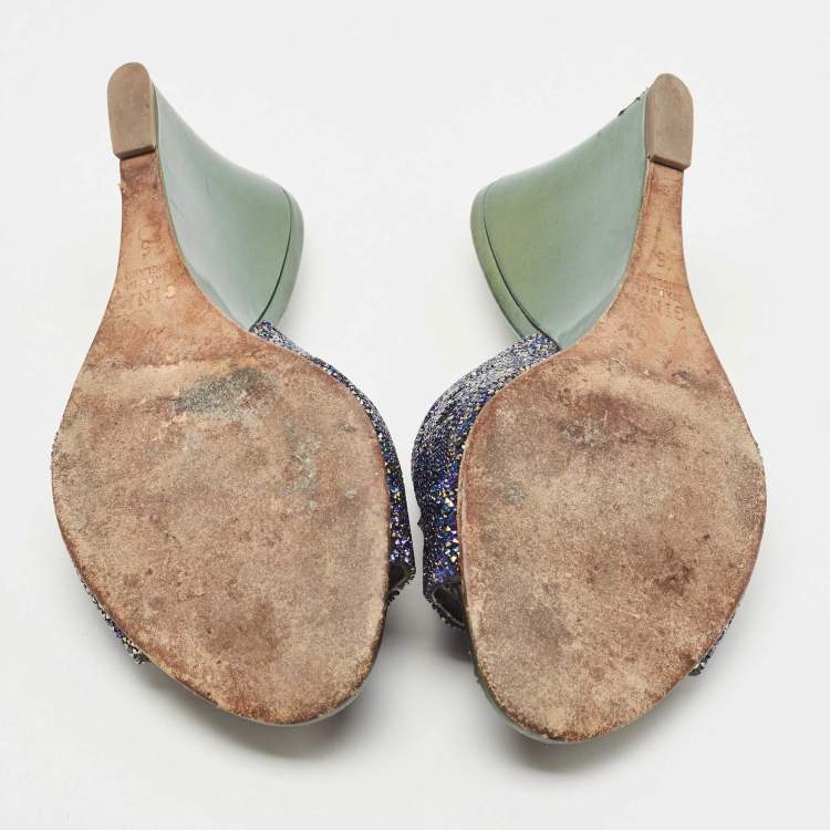 مملوكة مسبقًا Gina Blue Crystal Cut Out Wedge Slide Sandals Size 38