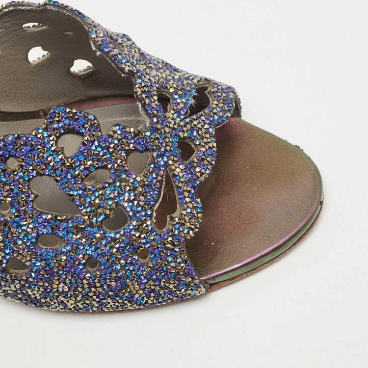 مملوكة مسبقًا Gina Blue Crystal Cut Out Wedge Slide Sandals Size 38