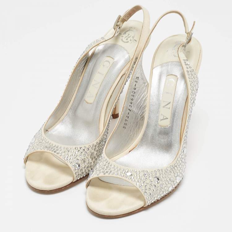 Pre Owned Gina Grey Fabric Crystal Embellished Slingback Pumps Size 38.5