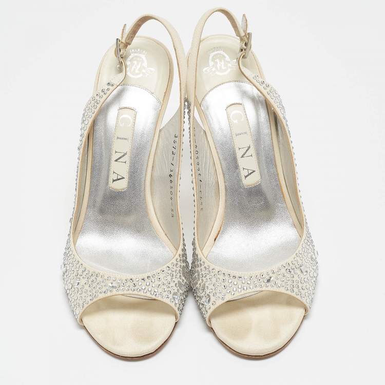 Pre Owned Gina Grey Fabric Crystal Embellished Slingback Pumps Size 38.5