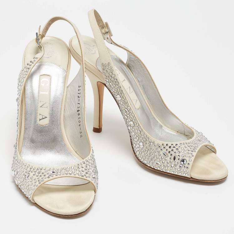 Pre Owned Gina Grey Fabric Crystal Embellished Slingback Pumps Size 38.5