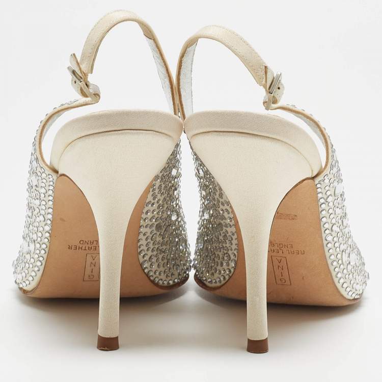 Pre Owned Gina Grey Fabric Crystal Embellished Slingback Pumps Size 38.5