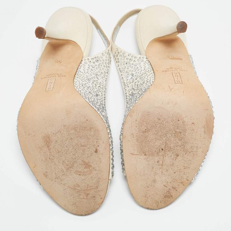 Pre Owned Gina Grey Fabric Crystal Embellished Slingback Pumps Size 38.5