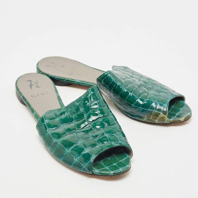 Pre Owned Gina Green Croc Embossed Patent Leather Flat Slides Size 40