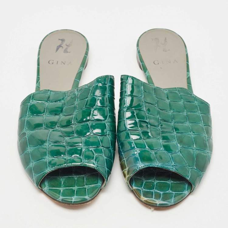 Pre Owned Gina Green Croc Embossed Patent Leather Flat Slides Size 40