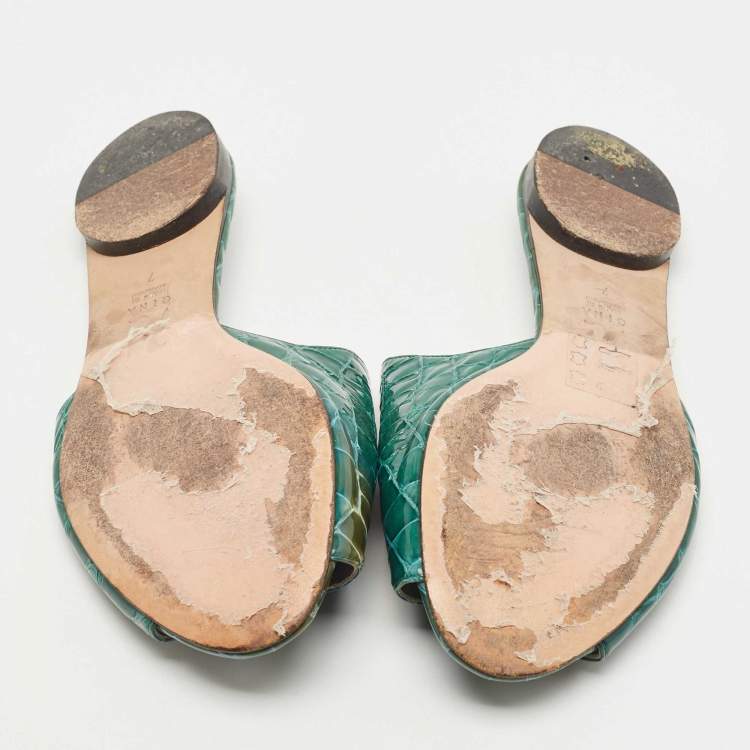 Pre Owned Gina Green Croc Embossed Patent Leather Flat Slides Size 40