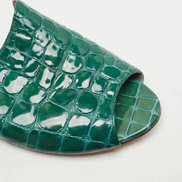 Pre Owned Gina Green Croc Embossed Patent Leather Flat Slides Size 40