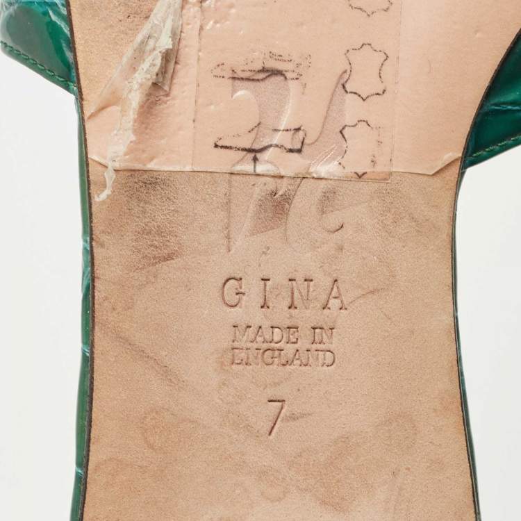 Pre Owned Gina Green Croc Embossed Patent Leather Flat Slides Size 40