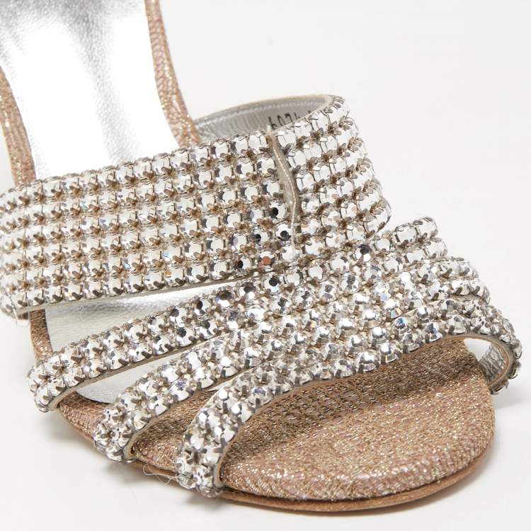 Pre Owned Gina Silver Glitter Fabric and Crystal Embellished Slide Sandals Size 38