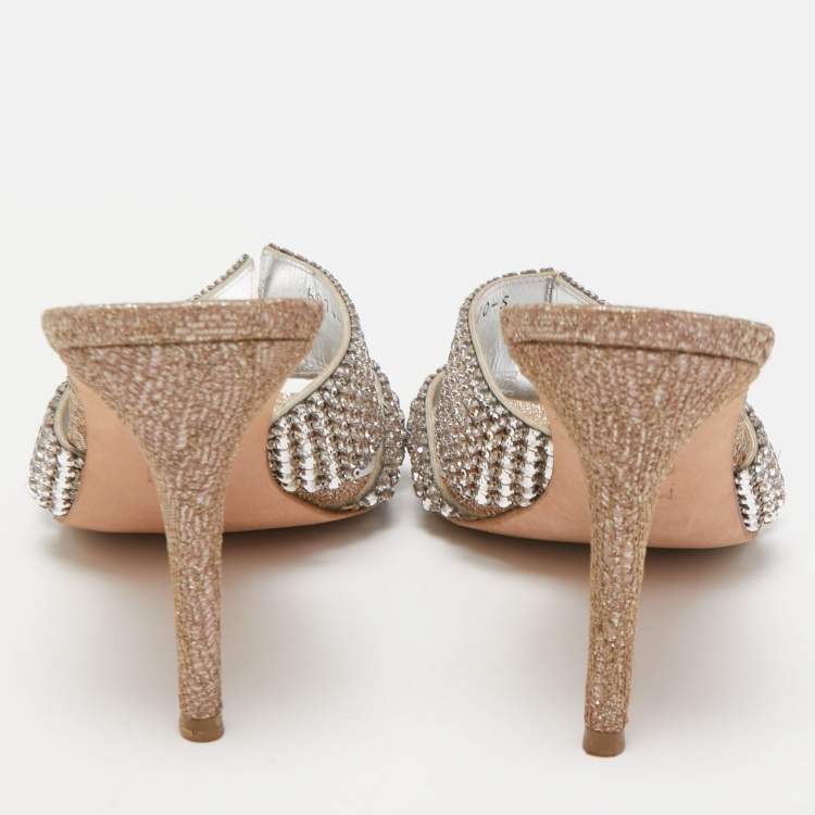 Pre Owned Gina Silver Glitter Fabric and Crystal Embellished Slide Sandals Size 38