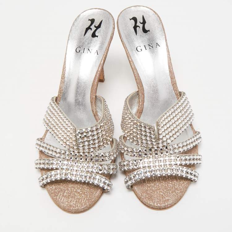 Pre Owned Gina Silver Glitter Fabric and Crystal Embellished Slide Sandals Size 38