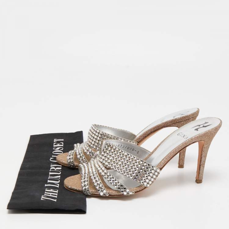 Pre Owned Gina Silver Glitter Fabric and Crystal Embellished Slide Sandals Size 38