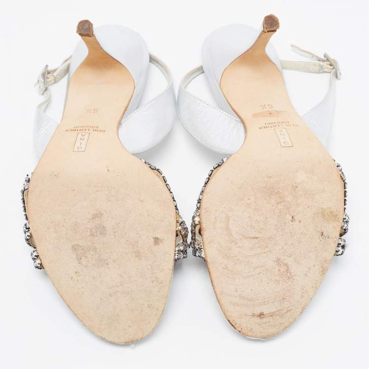 مملوكة مسبقًا Gina Silver Leather Crystal Embellished Slingback Sandals Size 38.5