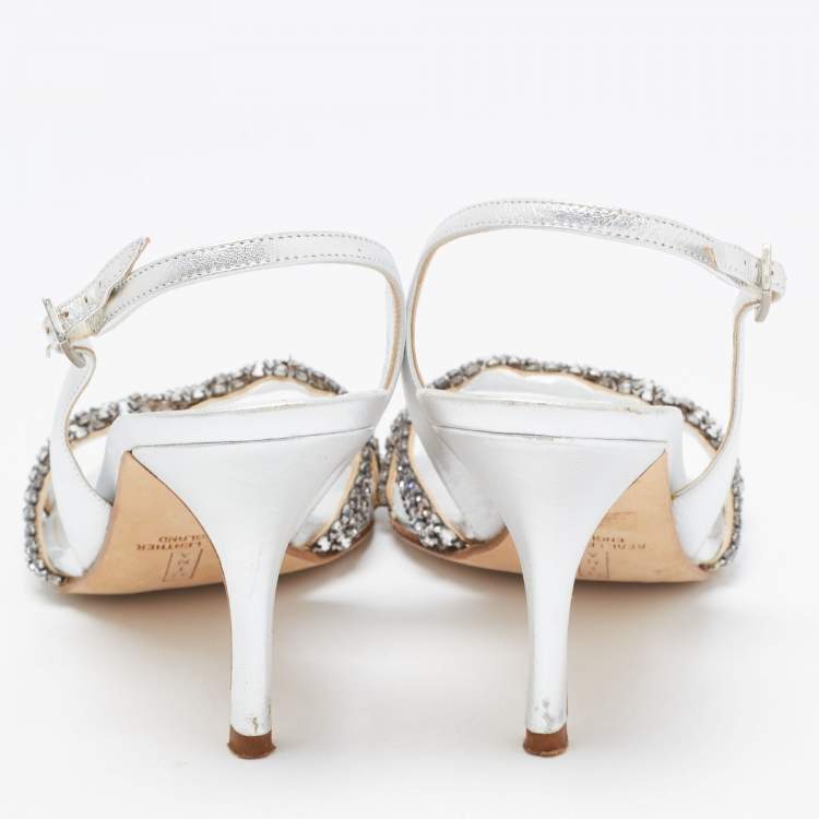 مملوكة مسبقًا Gina Silver Leather Crystal Embellished Slingback Sandals Size 38.5