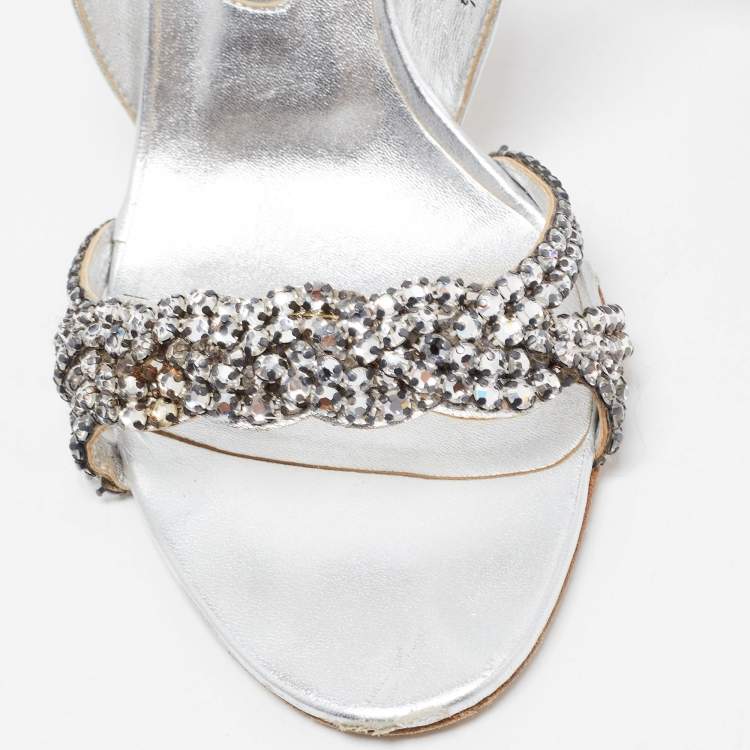 مملوكة مسبقًا Gina Silver Leather Crystal Embellished Slingback Sandals Size 38.5