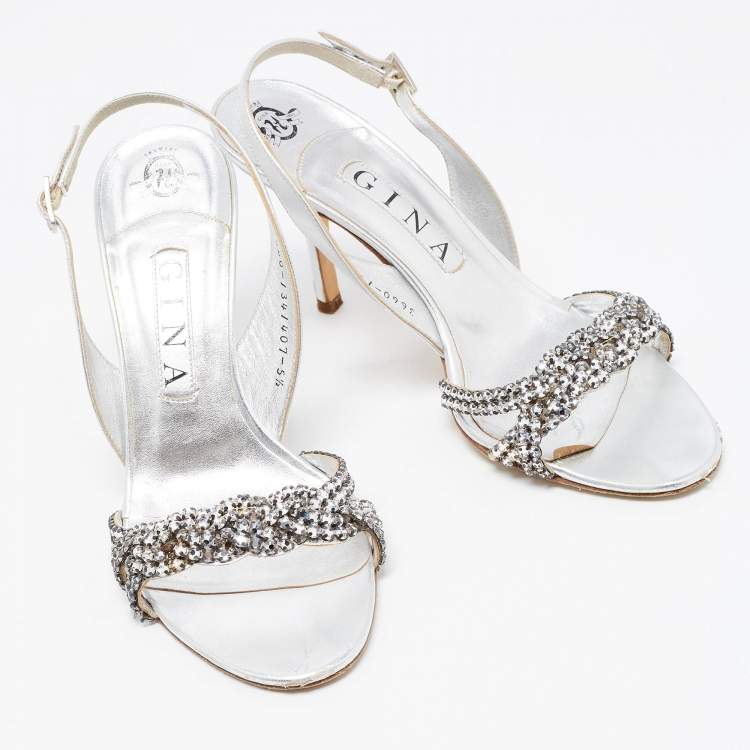 مملوكة مسبقًا Gina Silver Leather Crystal Embellished Slingback Sandals Size 38.5