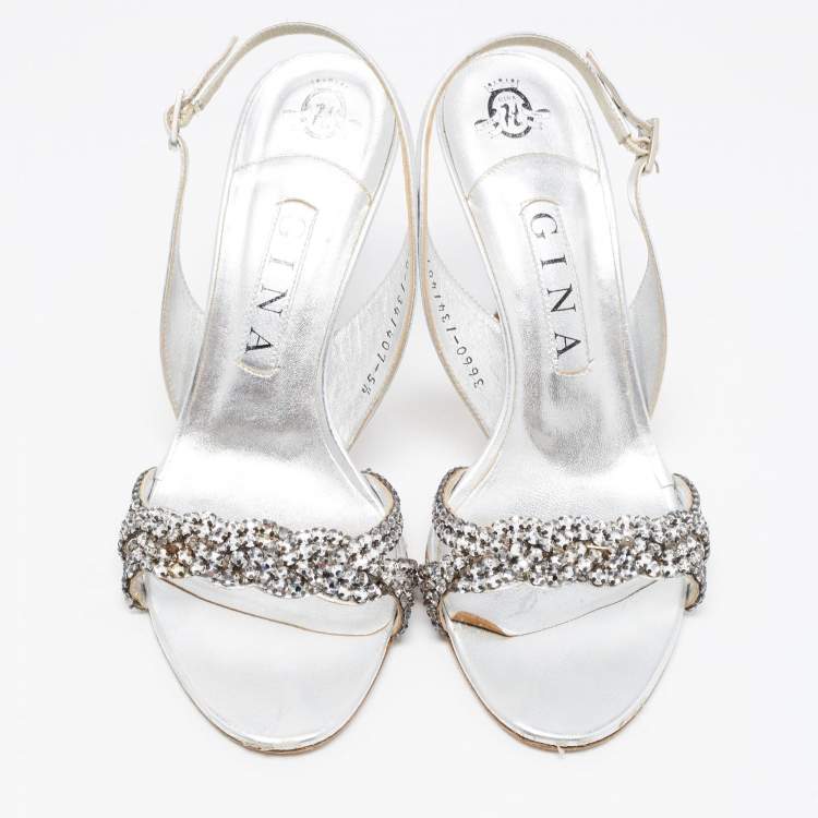 مملوكة مسبقًا Gina Silver Leather Crystal Embellished Slingback Sandals Size 38.5