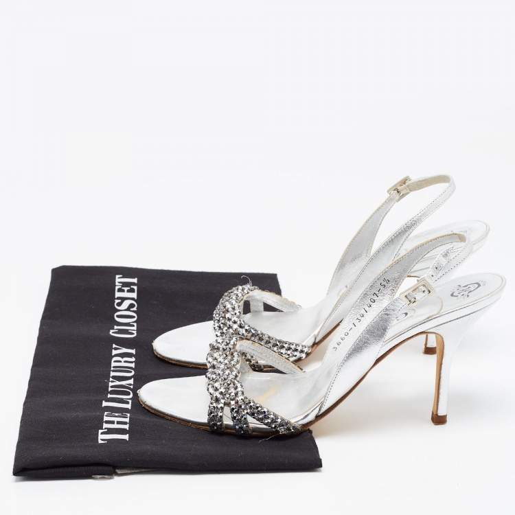 مملوكة مسبقًا Gina Silver Leather Crystal Embellished Slingback Sandals Size 38.5