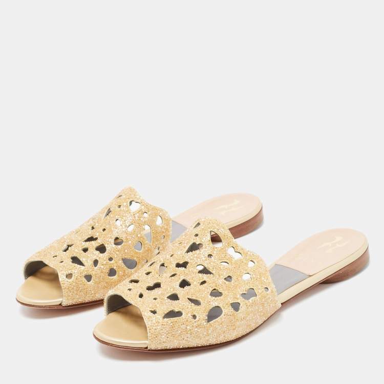 Pre Owned Gina Gold Leather Crystal Embellished Slide Sandals Size 38.5