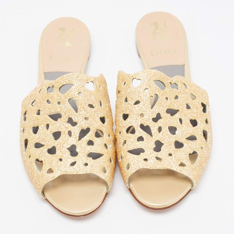 Pre Owned Gina Gold Leather Crystal Embellished Slide Sandals Size 38.5