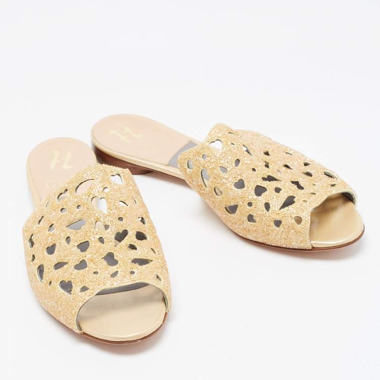 Pre Owned Gina Gold Leather Crystal Embellished Slide Sandals Size 38.5