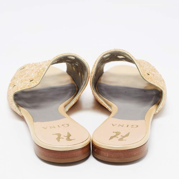 Pre Owned Gina Gold Leather Crystal Embellished Slide Sandals Size 38.5