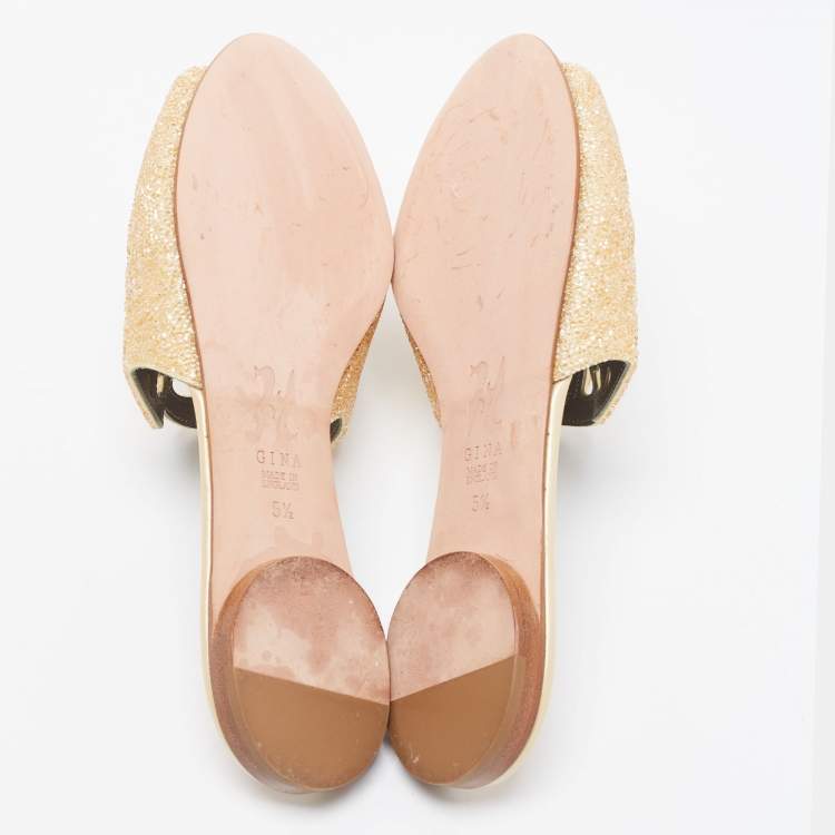 Pre Owned Gina Gold Leather Crystal Embellished Slide Sandals Size 38.5