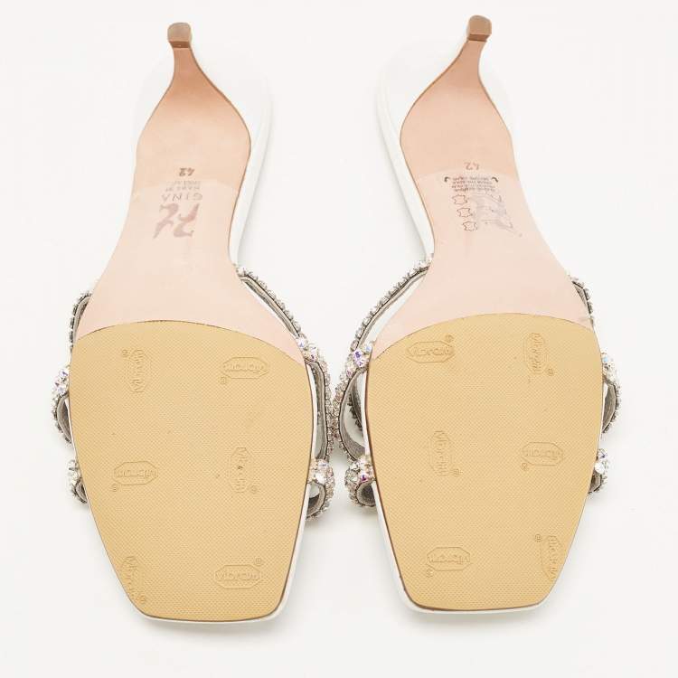 Pre Owned Gina Silver Croc Embossed Leather Crystal Embellished Slide Sandals Size 42