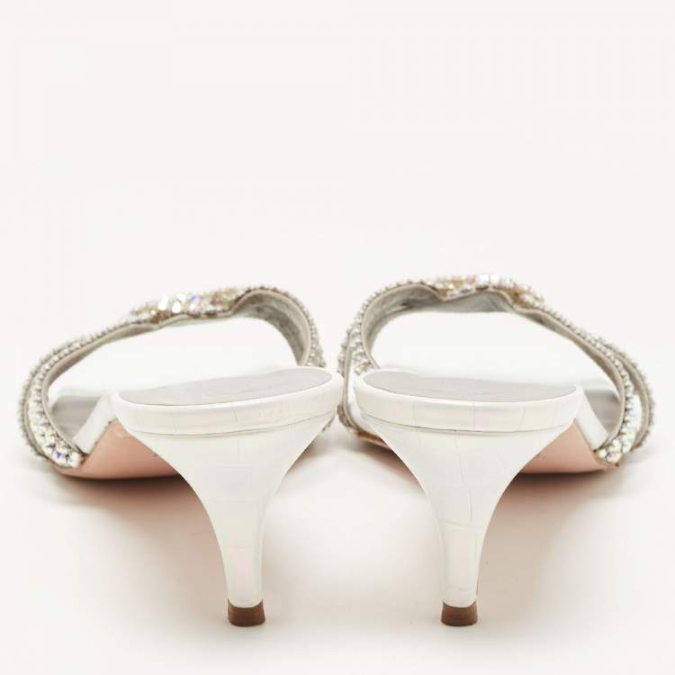 Pre Owned Gina Silver Croc Embossed Leather Crystal Embellished Slide Sandals Size 42