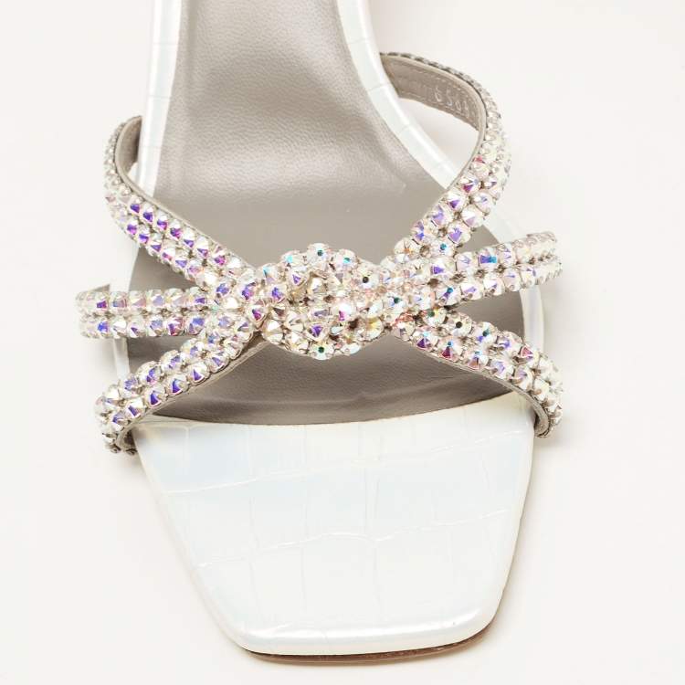 Pre Owned Gina Silver Croc Embossed Leather Crystal Embellished Slide Sandals Size 42