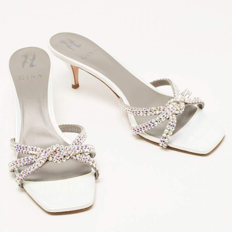 Pre Owned Gina Silver Croc Embossed Leather Crystal Embellished Slide Sandals Size 42