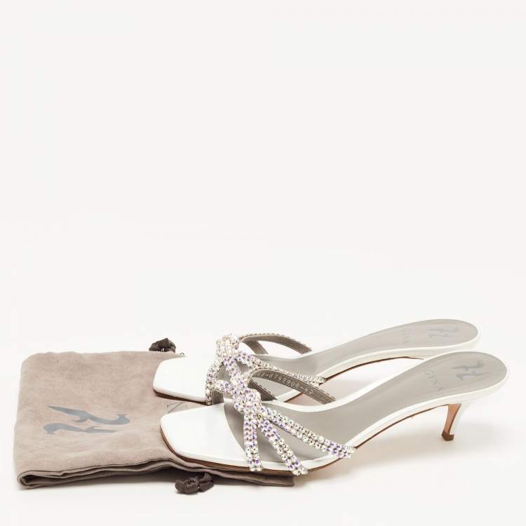 Pre Owned Gina Silver Croc Embossed Leather Crystal Embellished Slide Sandals Size 42