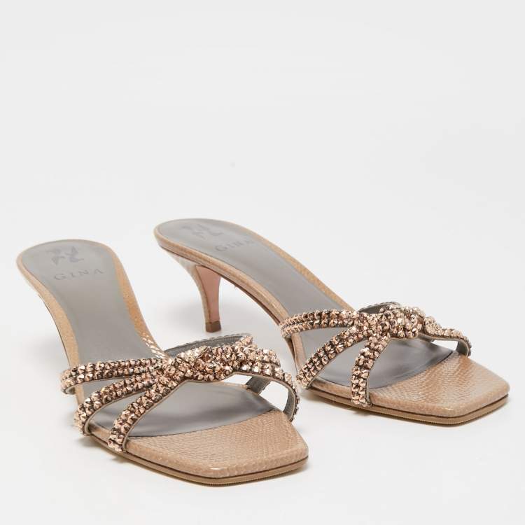 مملوكة مسبقًا Gina Beige Textured Leather Crystals Knot Slide Sandals Size 42