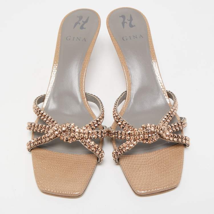 مملوكة مسبقًا Gina Beige Textured Leather Crystals Knot Slide Sandals Size 42