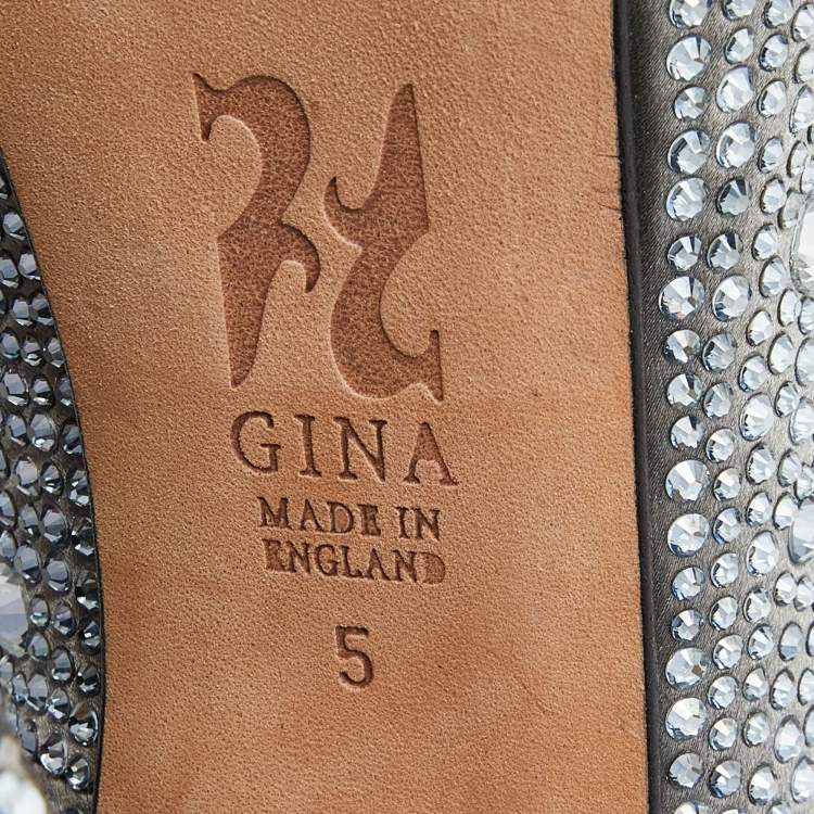 Pre Owned Gina Silver Satin Crystal Embellished Peep Toe Platform Pumps Size 38