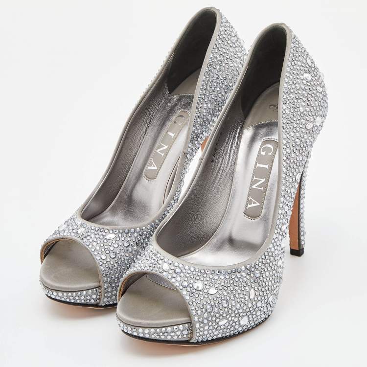 Pre Owned Gina Silver Satin Crystal Embellished Peep Toe Platform Pumps Size 38