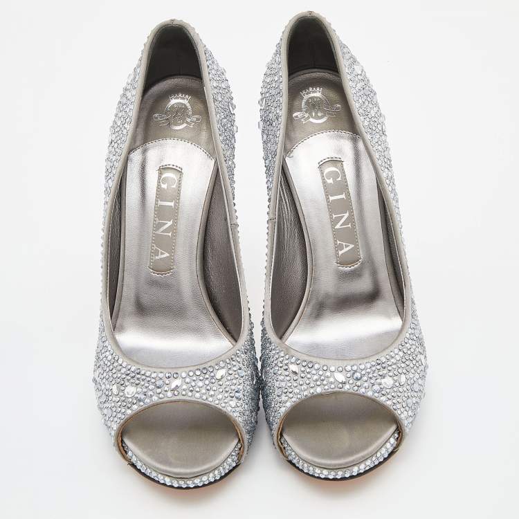 Pre Owned Gina Silver Satin Crystal Embellished Peep Toe Platform Pumps Size 38