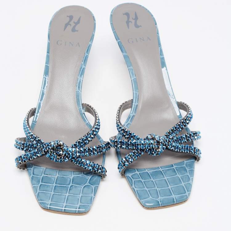 Pre Owned Gina Blue Crystal Embellished Leather Slide Sandals Size 42