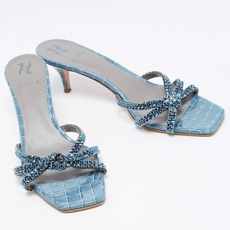 Pre Owned Gina Blue Crystal Embellished Leather Slide Sandals Size 42