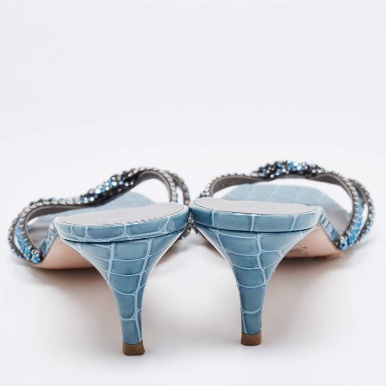 Pre Owned Gina Blue Crystal Embellished Leather Slide Sandals Size 42