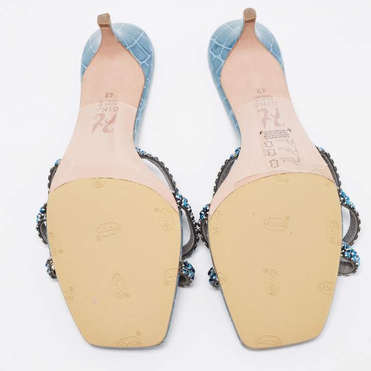 Pre Owned Gina Blue Crystal Embellished Leather Slide Sandals Size 42