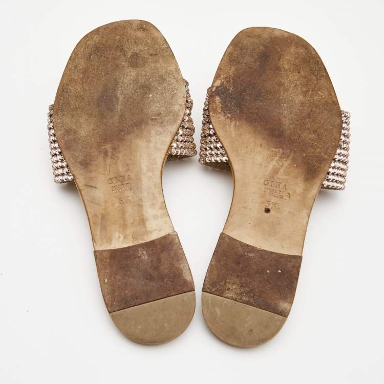 مملوكة مسبقًا Gina Gold Leather, Crystal Flat Sandals Size 38.5