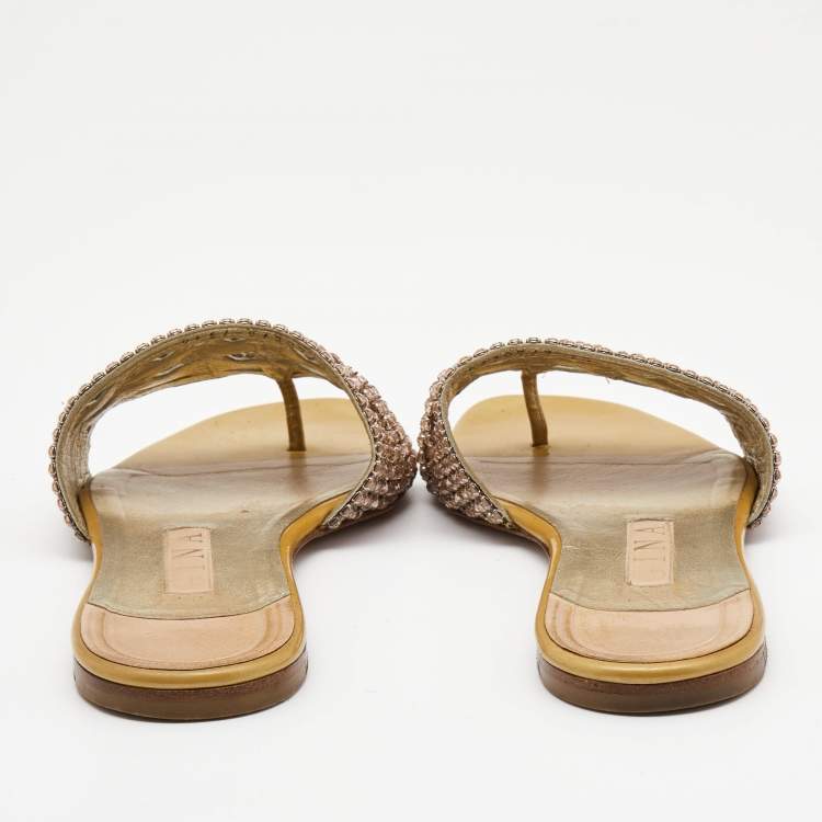 مملوكة مسبقًا Gina Gold Leather, Crystal Flat Sandals Size 38.5